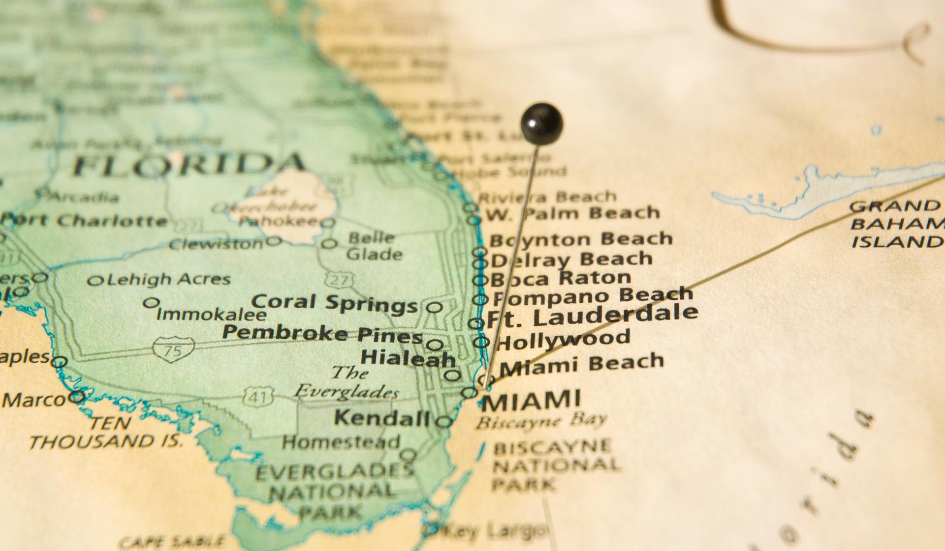 Road Map Macro Of Miami Florida And Atlantic Coastline